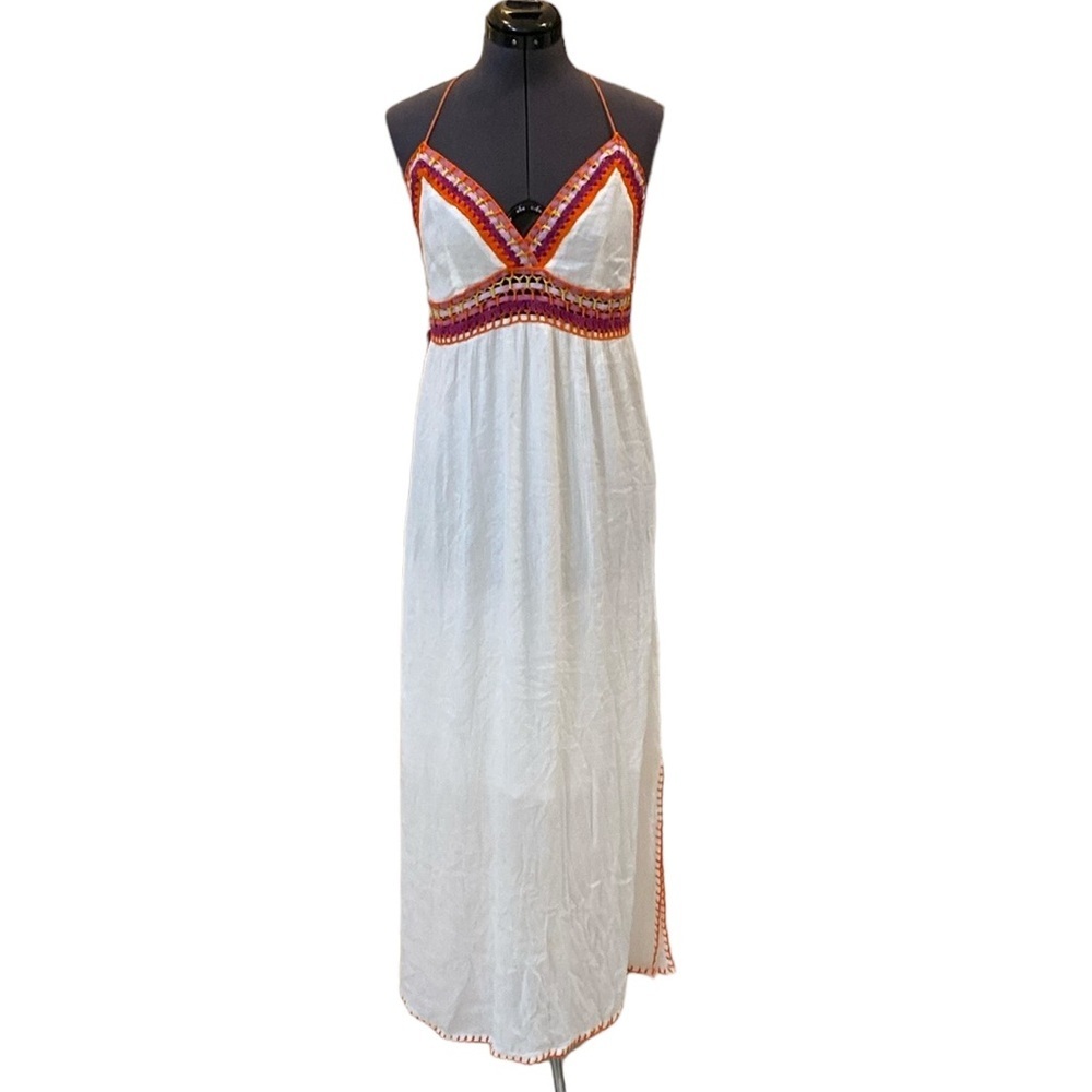 INDIGO REIN White Maxi Dress Sleeveless Halter Top Orange Embroidery Bare Sliver